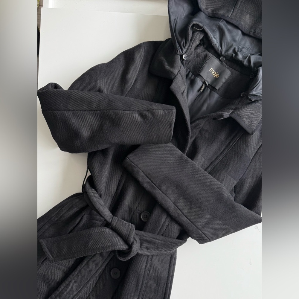 MAJE Gobani Plaid Twill Hooded Coat / Size 36